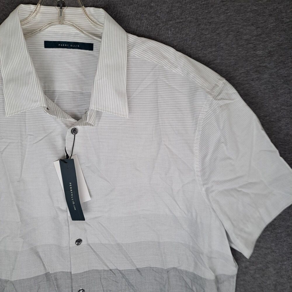Perry Ellis White Gray Striped Oeko-Tex Short Sleeve Shirt‎ Men's XL NWT
